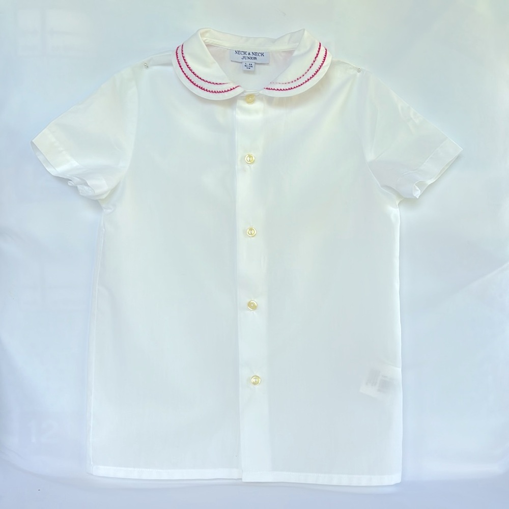 VINTAGE NWOT SPAIN NECK & NECK JUNIOR WHITE SHORT SLEEVE SHIRT RED TRIM 4TUNISEX - Picture 3 of 11